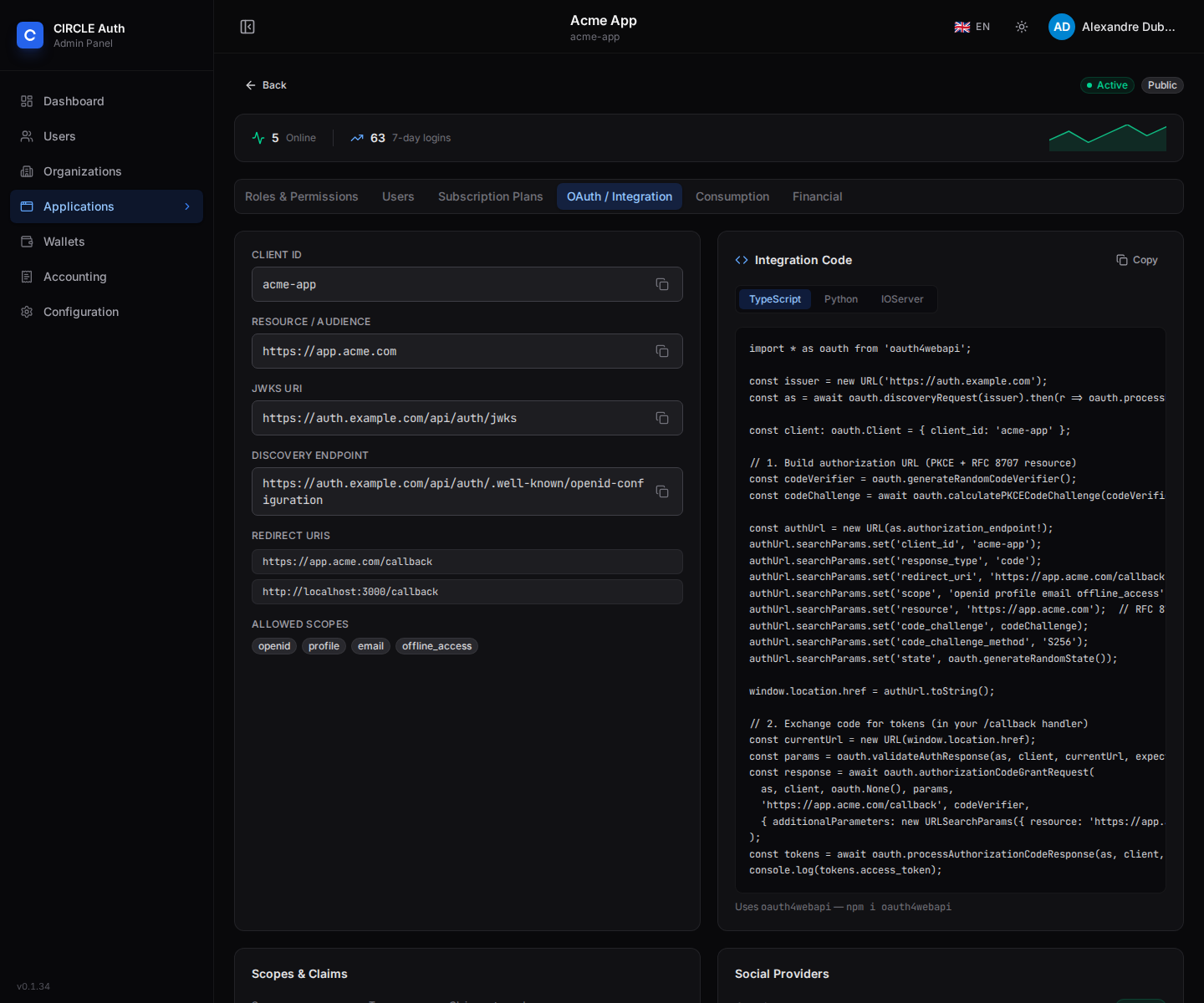 The OAuth / Integration tab of an application