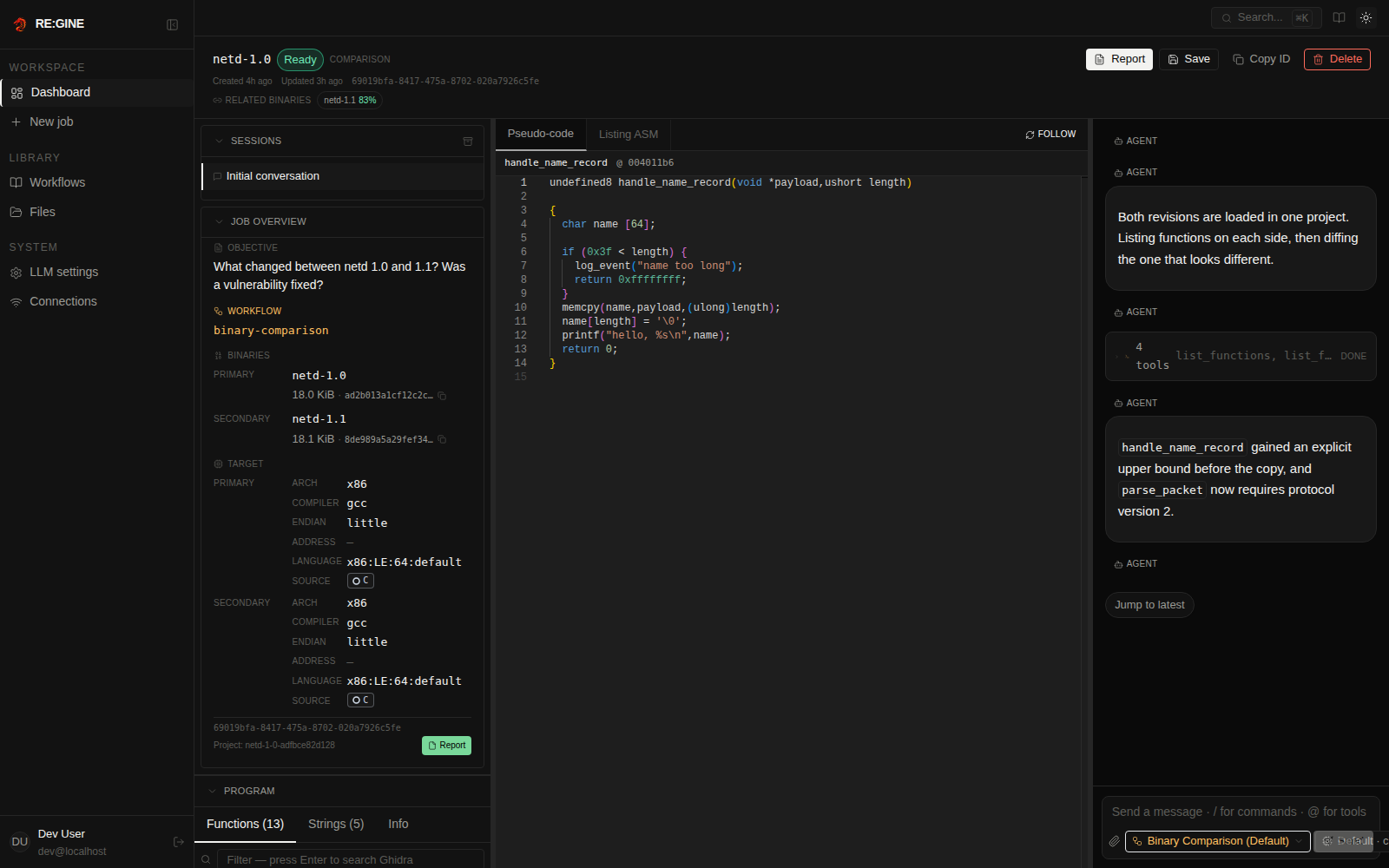 A compare job linking two revisions of a binary