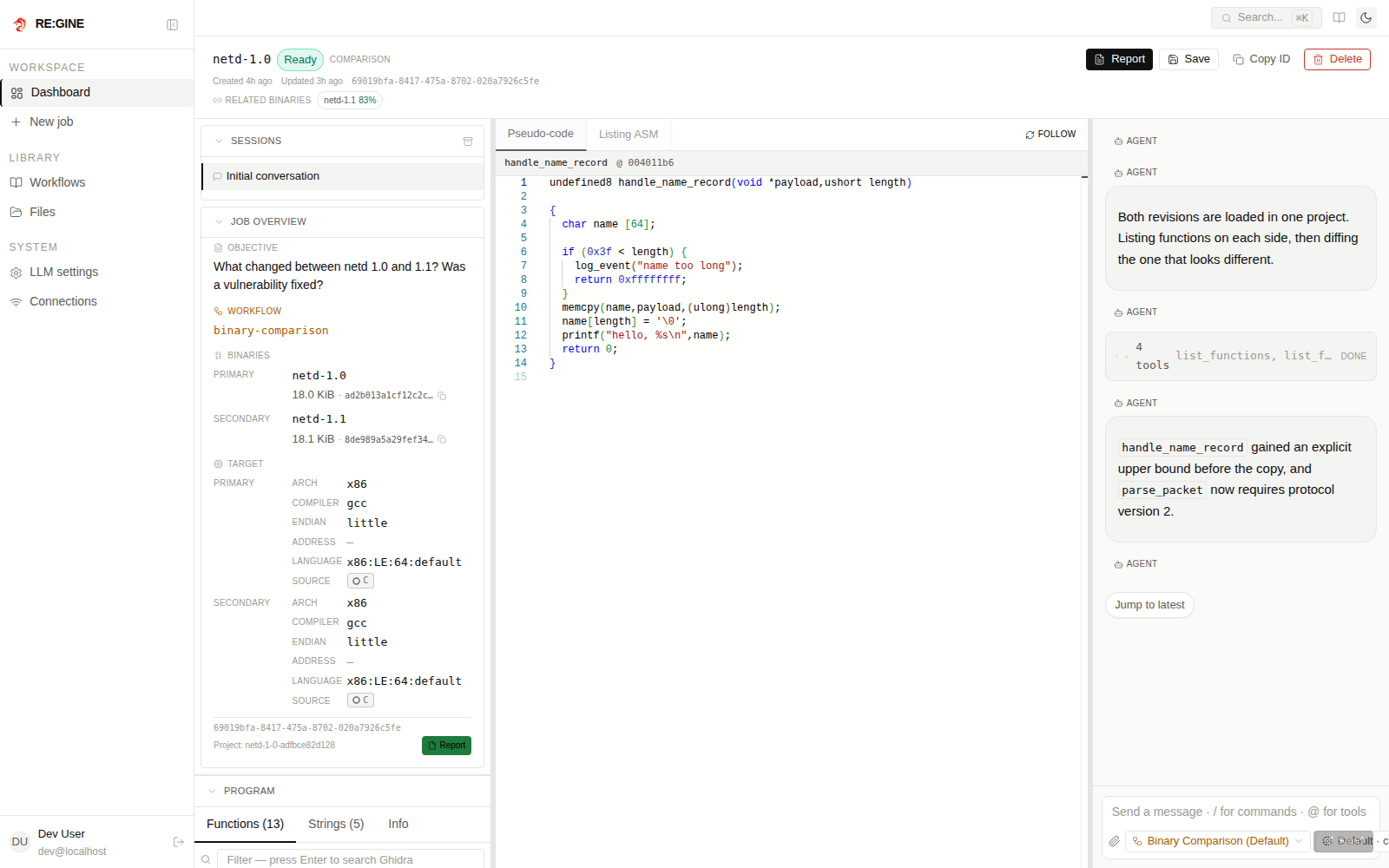 A compare job linking two revisions of a binary