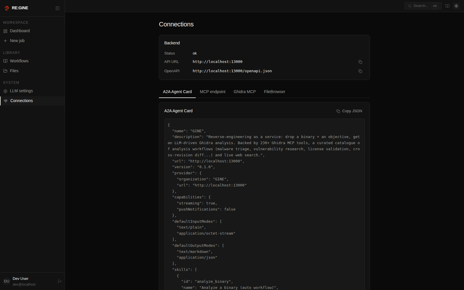 The Connections page listing the MCP and A2A endpoints