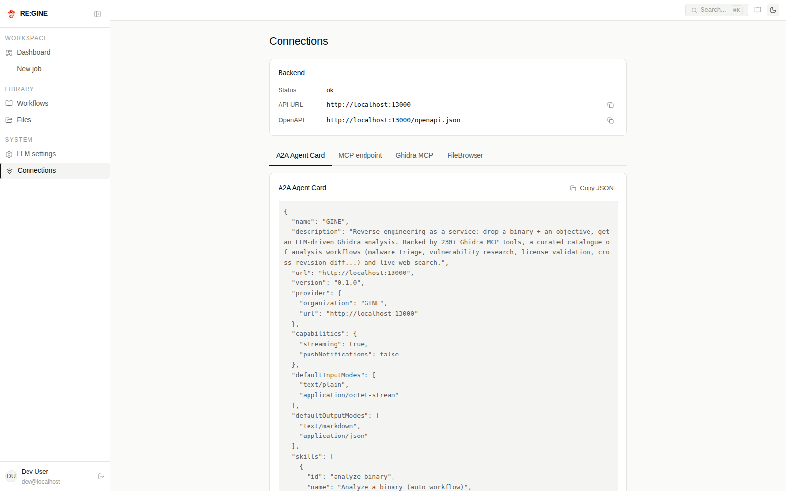 The Connections page listing the MCP and A2A endpoints