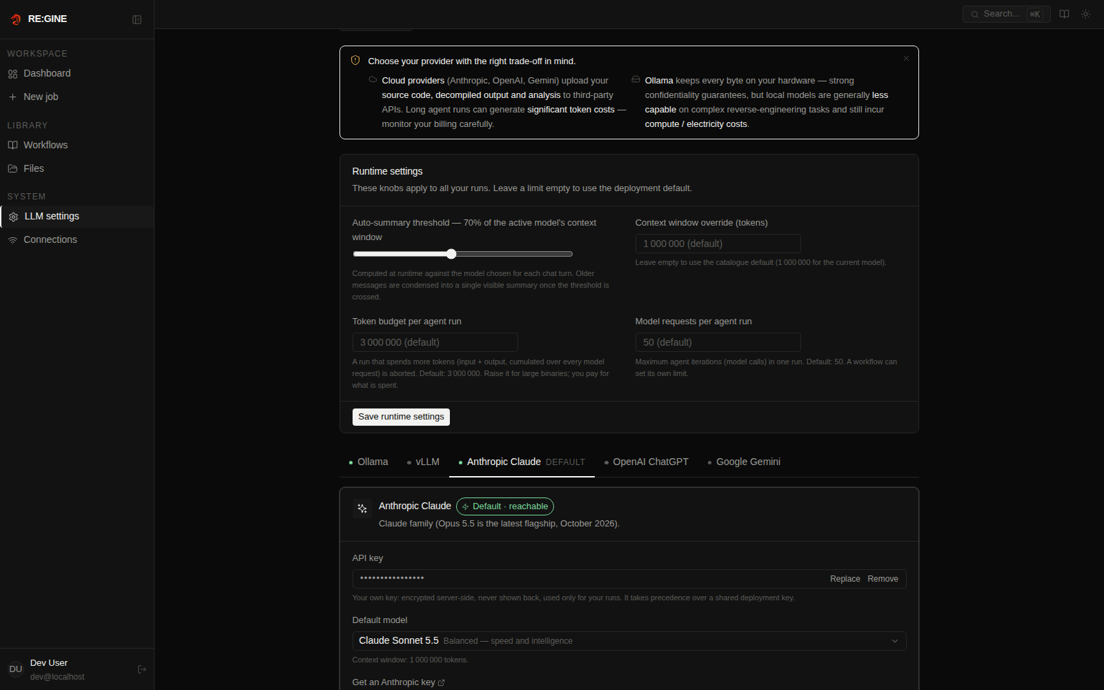 Settings → LLM with the provider tabs and their status