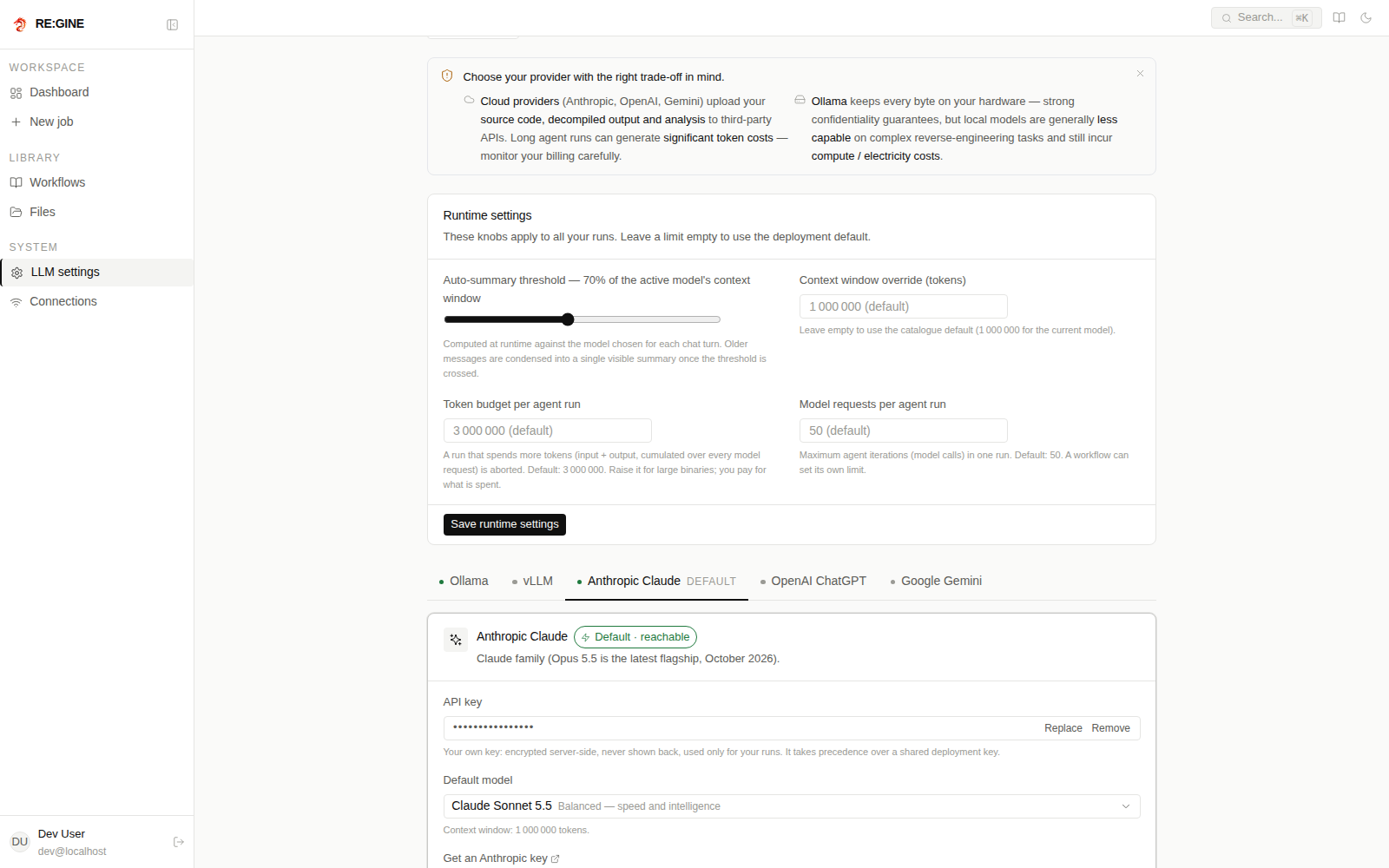 Settings → LLM with the provider tabs and their status