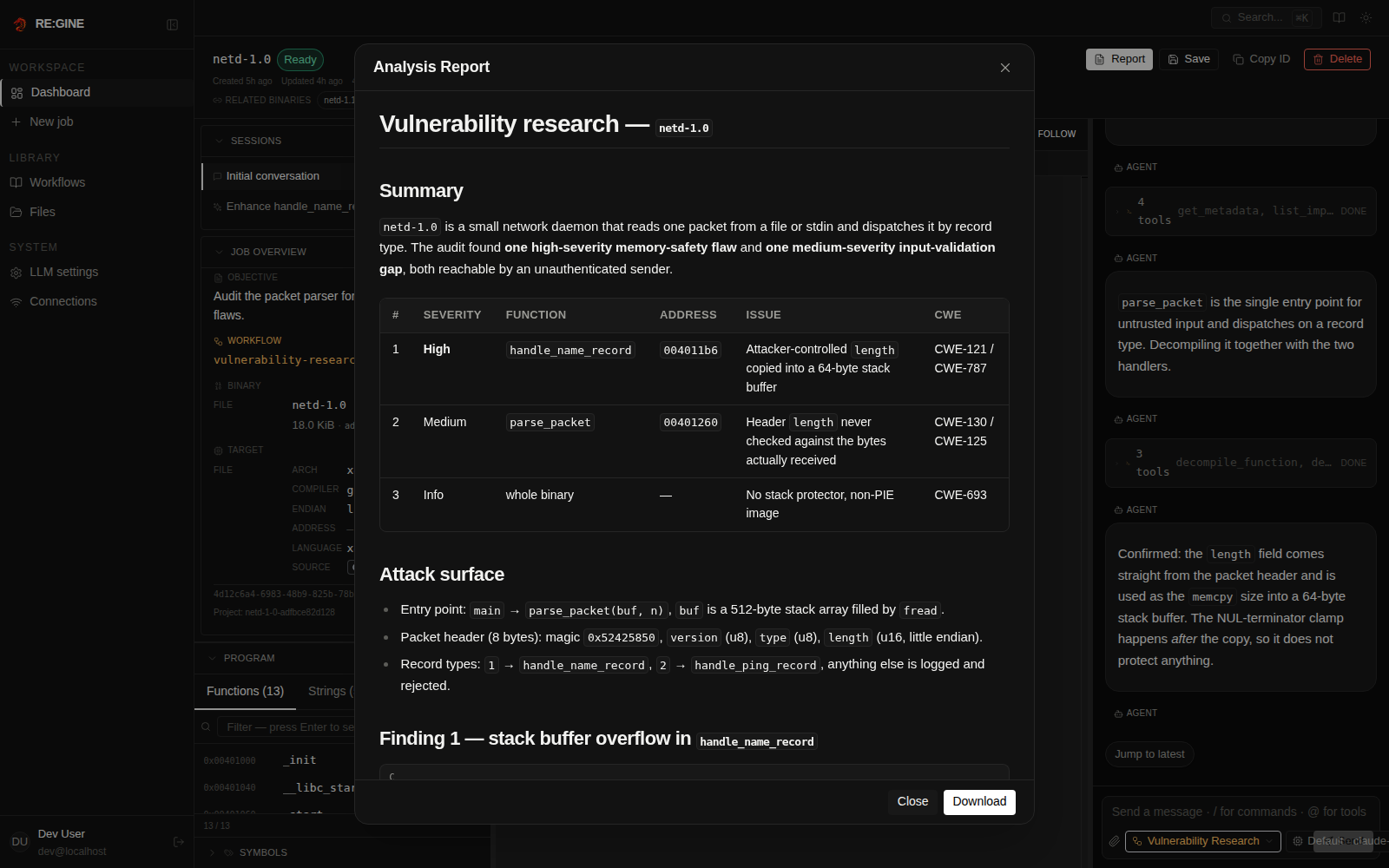 The Markdown report of a finished job