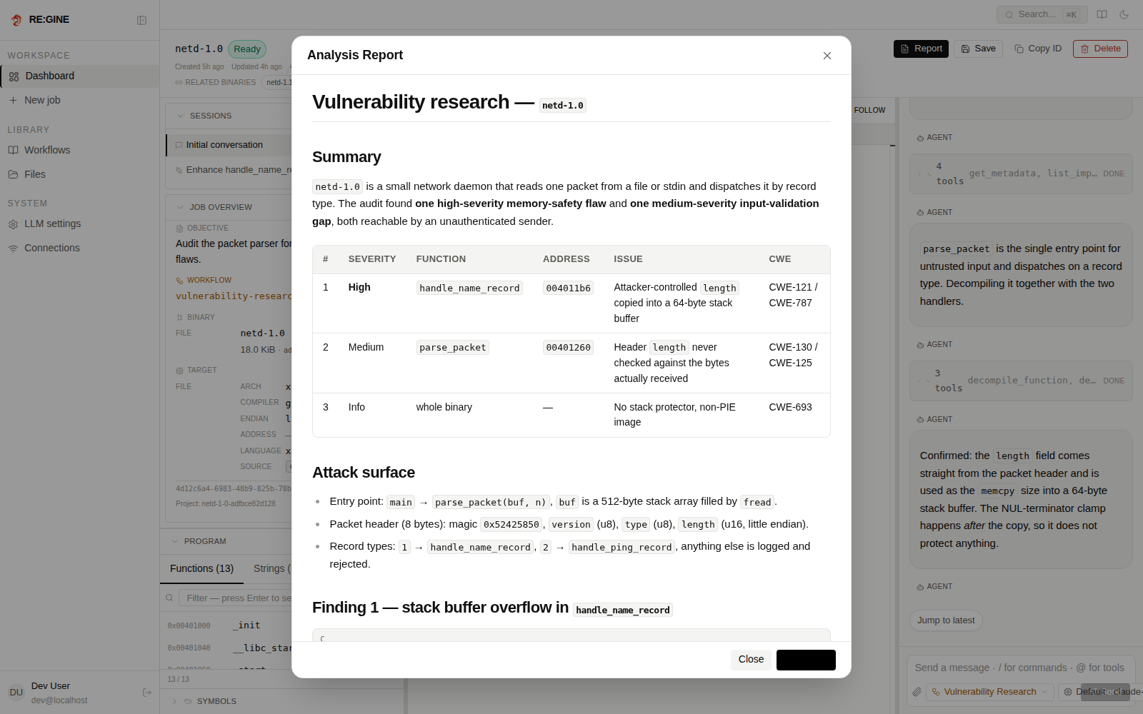 The Markdown report of a finished job