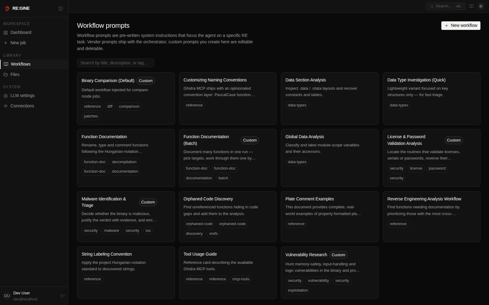 The Workflows page listing the available analysis prompts