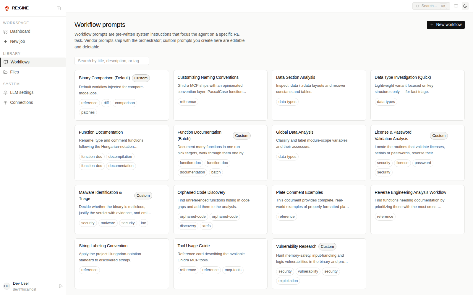 The Workflows page listing the available analysis prompts