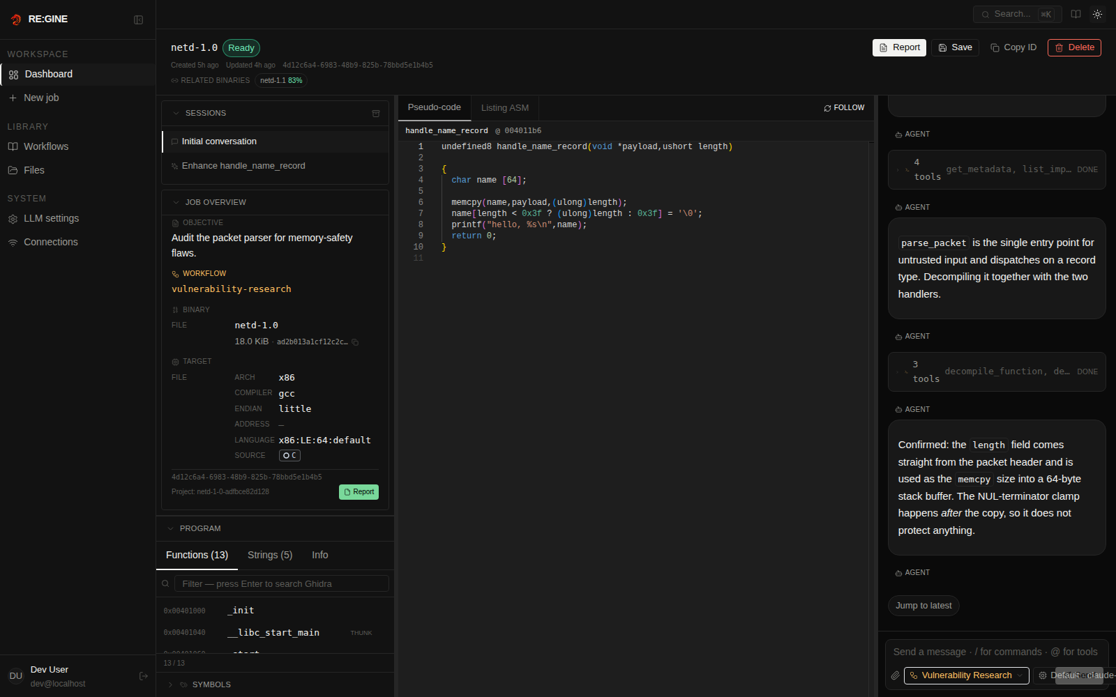 RE:GINE workspace — agent chat, decompiled view and explorer on a single canvas
