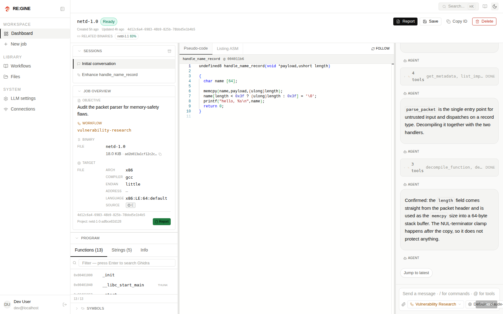RE:GINE workspace — agent chat, decompiled view and explorer on a single canvas